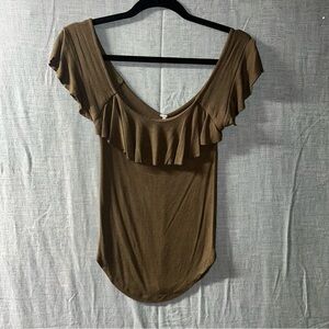 Free People Olive Green Ribbed Ruffle Off Shoulder Knit Top Shirt Small S